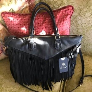 NTW Moda Luxe Black Faux Leather Fringe Bag